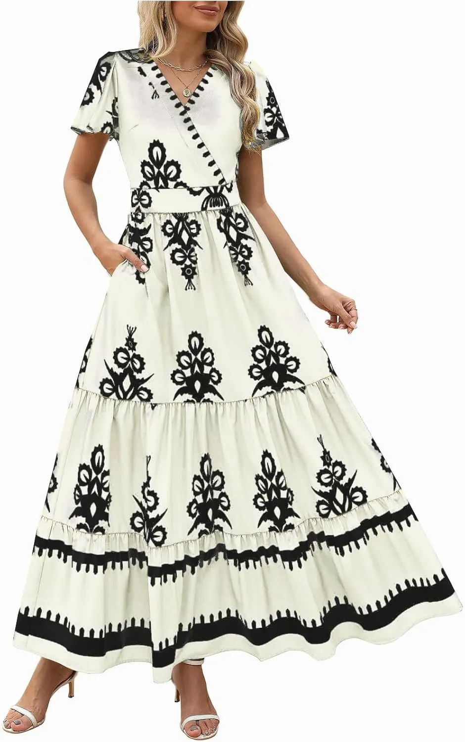 Women's Casual Boho Maxi Dresses Summer V Neck Short Sleeve Floral Print Dress Flowy Beach Sundress with Pockets