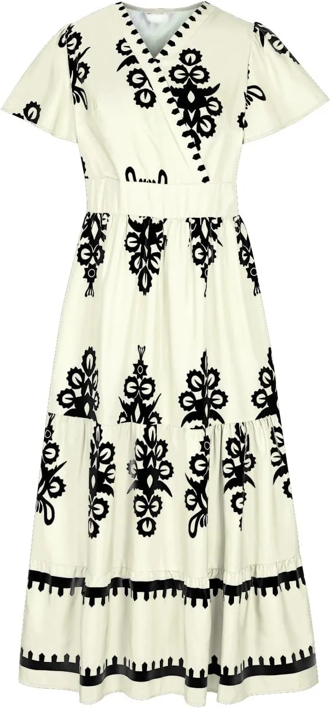 Women's Casual Boho Maxi Dresses Summer V Neck Short Sleeve Floral Print Dress Flowy Beach Sundress with Pockets