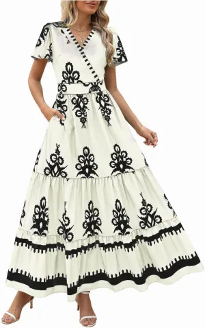 Women's Casual Boho Maxi Dresses Summer V Neck Short Sleeve Floral Print Dress Flowy Beach Sundress with Pockets