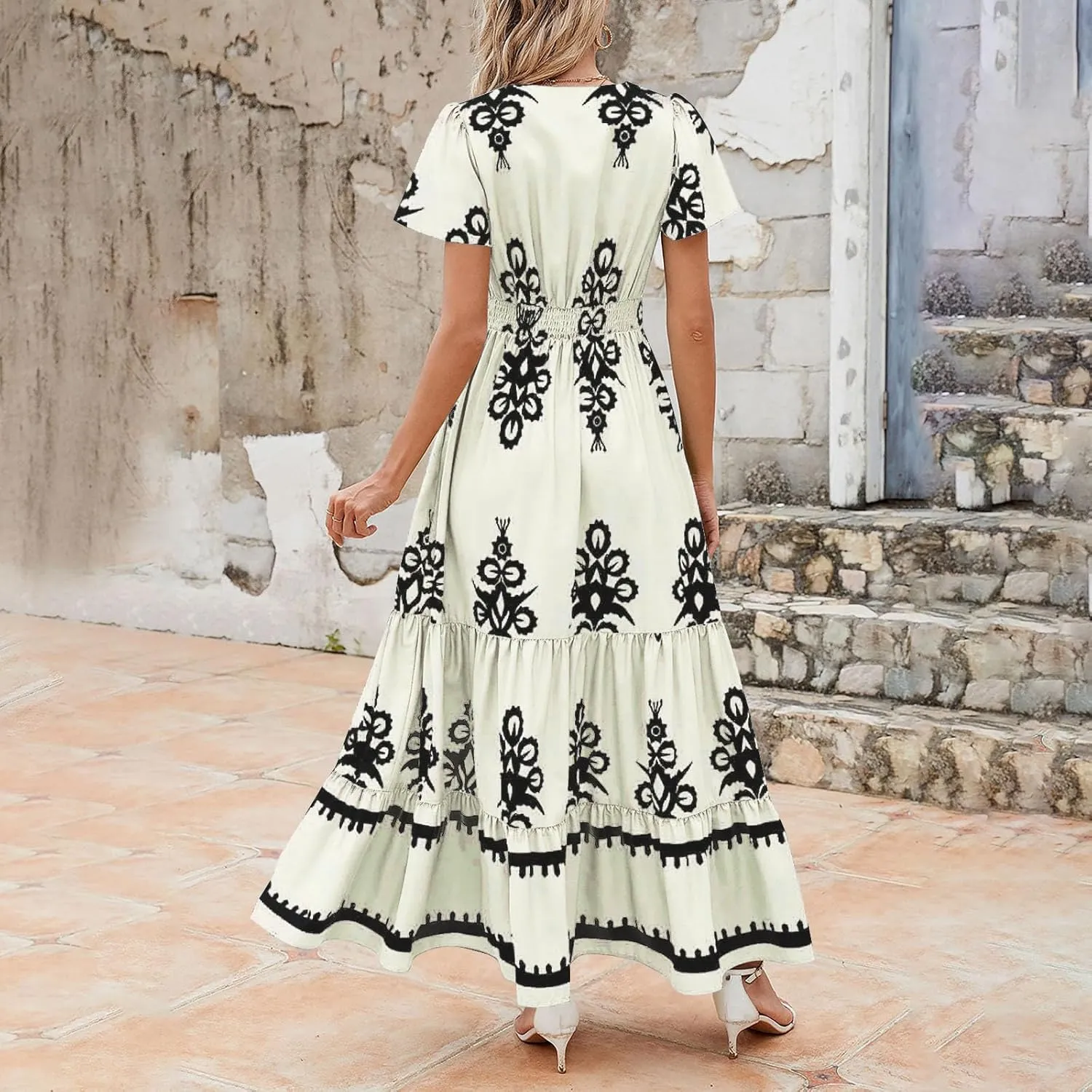 Women's Casual Boho Maxi Dresses Summer V Neck Short Sleeve Floral Print Dress Flowy Beach Sundress with Pockets