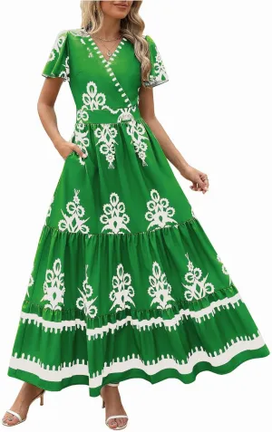 Women's Casual Boho Maxi Dresses Summer V Neck Short Sleeve Floral Print Dress Flowy Beach Sundress with Pockets