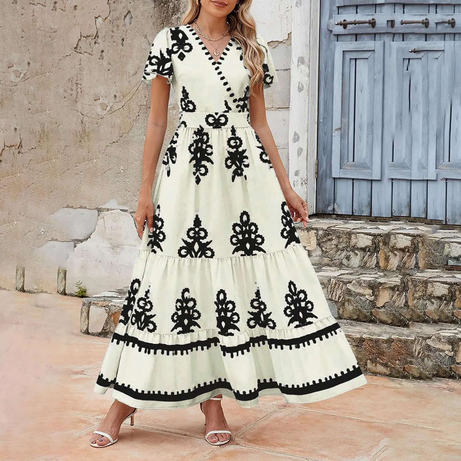 Women's Casual Boho Maxi Dresses Summer V Neck Short Sleeve Floral Print Dress Flowy Beach Sundress with Pockets