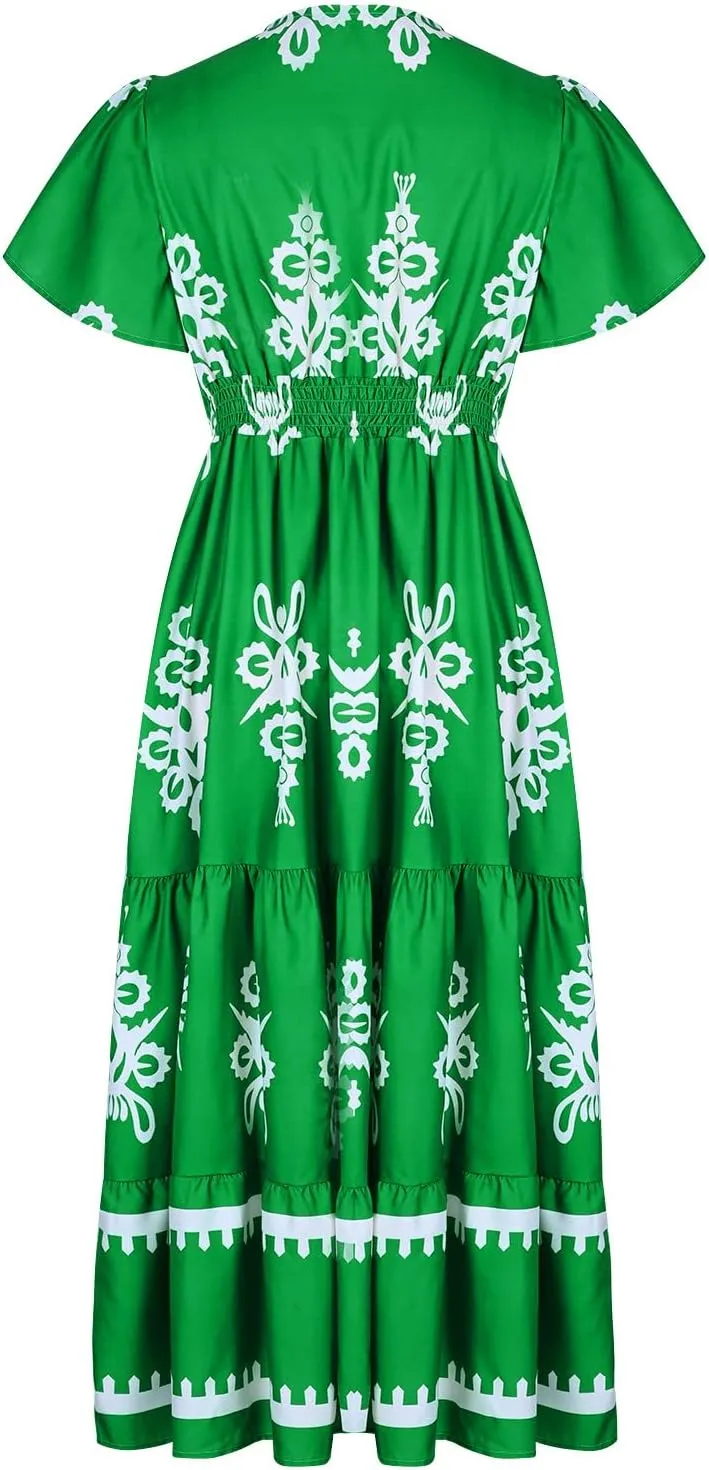 Women's Casual Boho Maxi Dresses Summer V Neck Short Sleeve Floral Print Dress Flowy Beach Sundress with Pockets