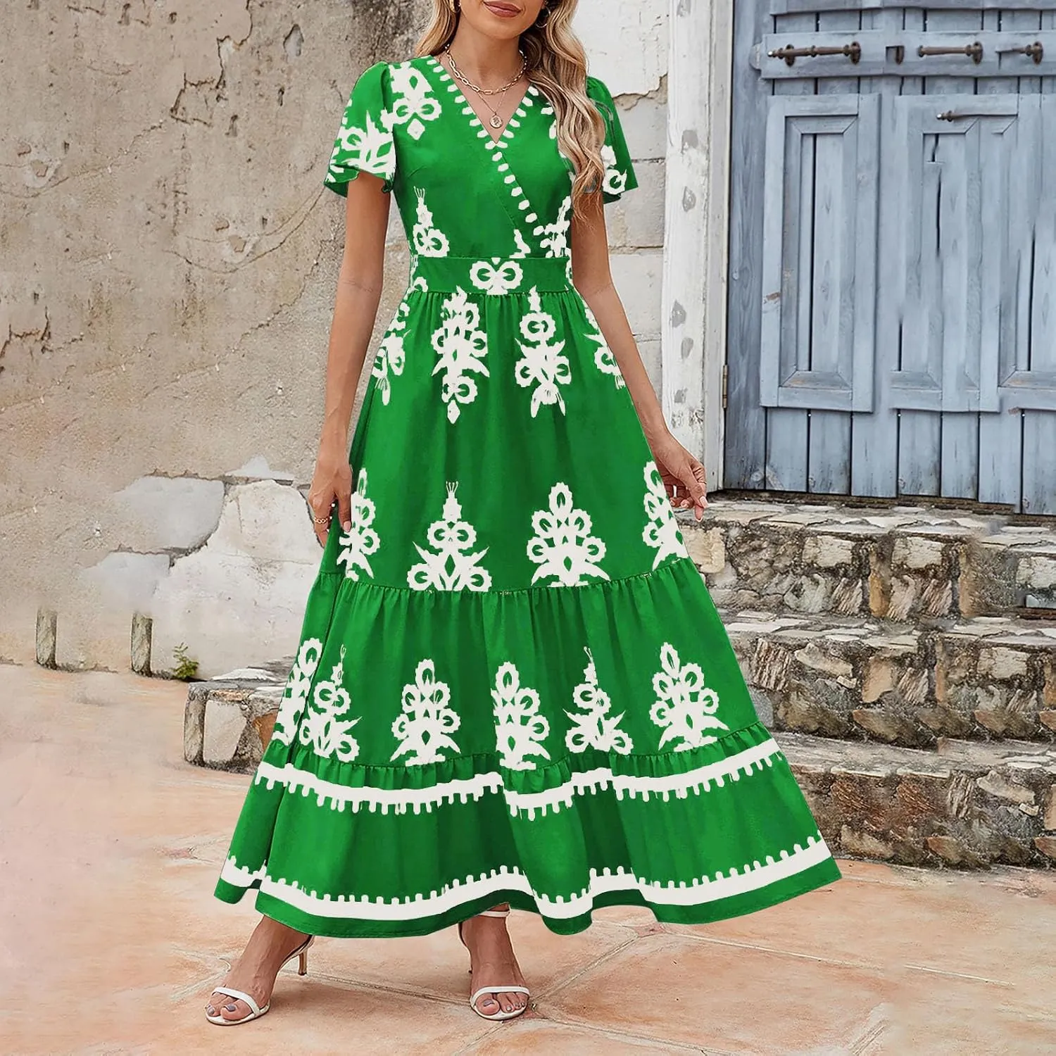 Women's Casual Boho Maxi Dresses Summer V Neck Short Sleeve Floral Print Dress Flowy Beach Sundress with Pockets