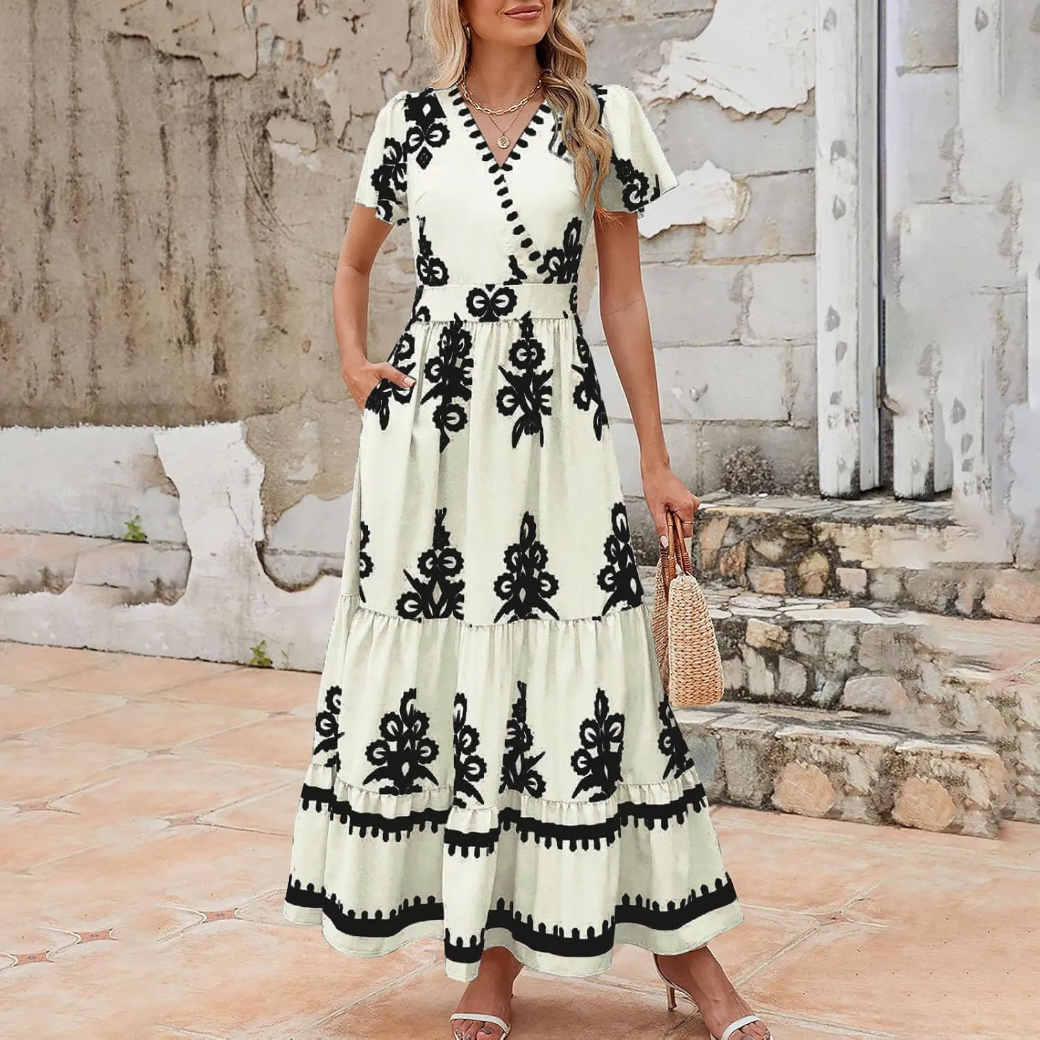 Women's Casual Boho Maxi Dresses Summer V Neck Short Sleeve Floral Print Dress Flowy Beach Sundress with Pockets
