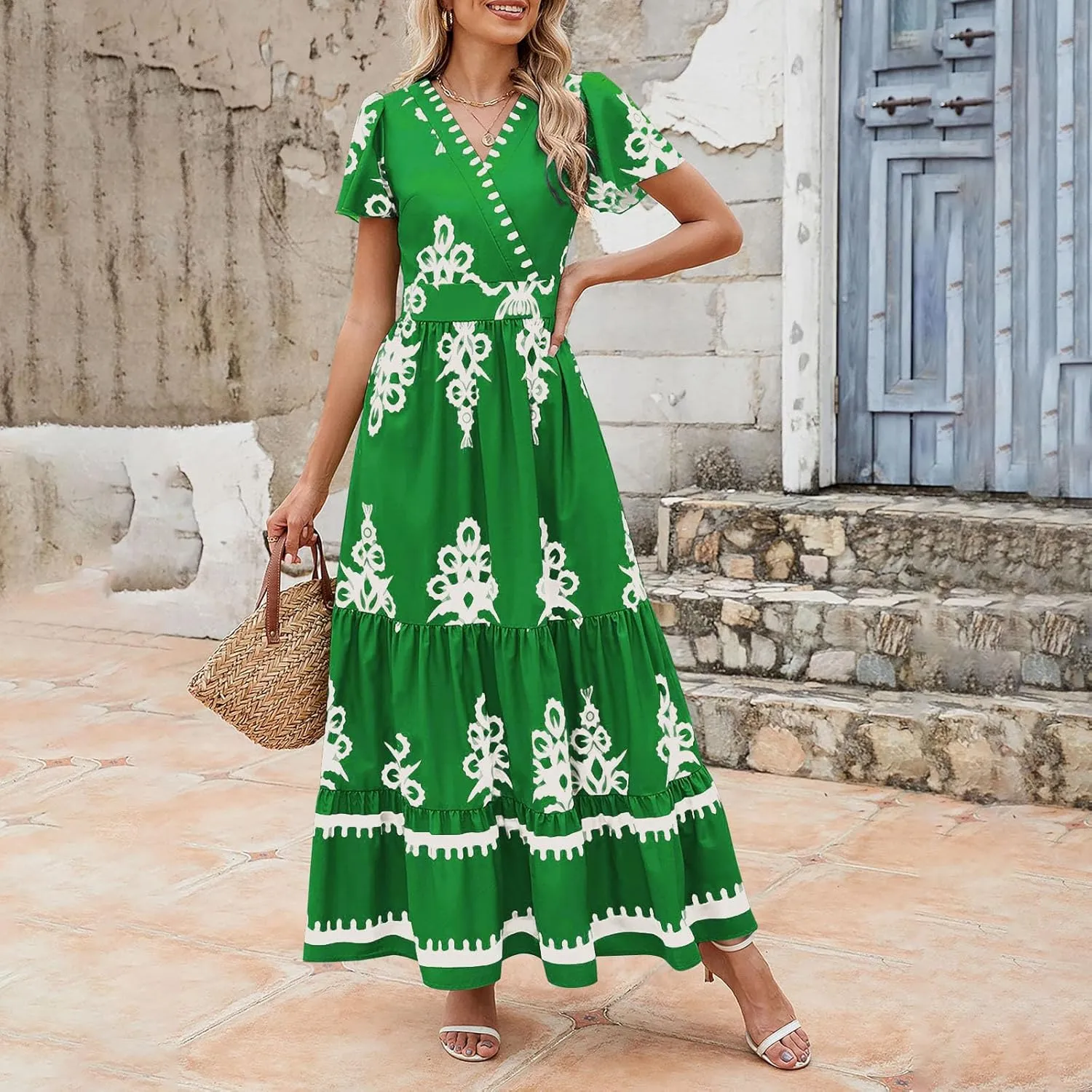 Women's Casual Boho Maxi Dresses Summer V Neck Short Sleeve Floral Print Dress Flowy Beach Sundress with Pockets