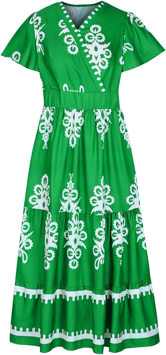 Women's Casual Boho Maxi Dresses Summer V Neck Short Sleeve Floral Print Dress Flowy Beach Sundress with Pockets