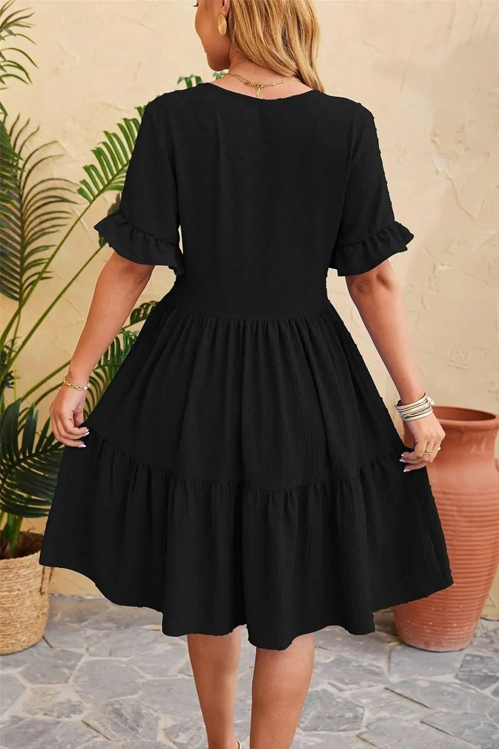 Women's Casual Dress Summer Short Sleeve Swing Dresses Button Down Smocked Waist Ruffle Tiered Mini Dress