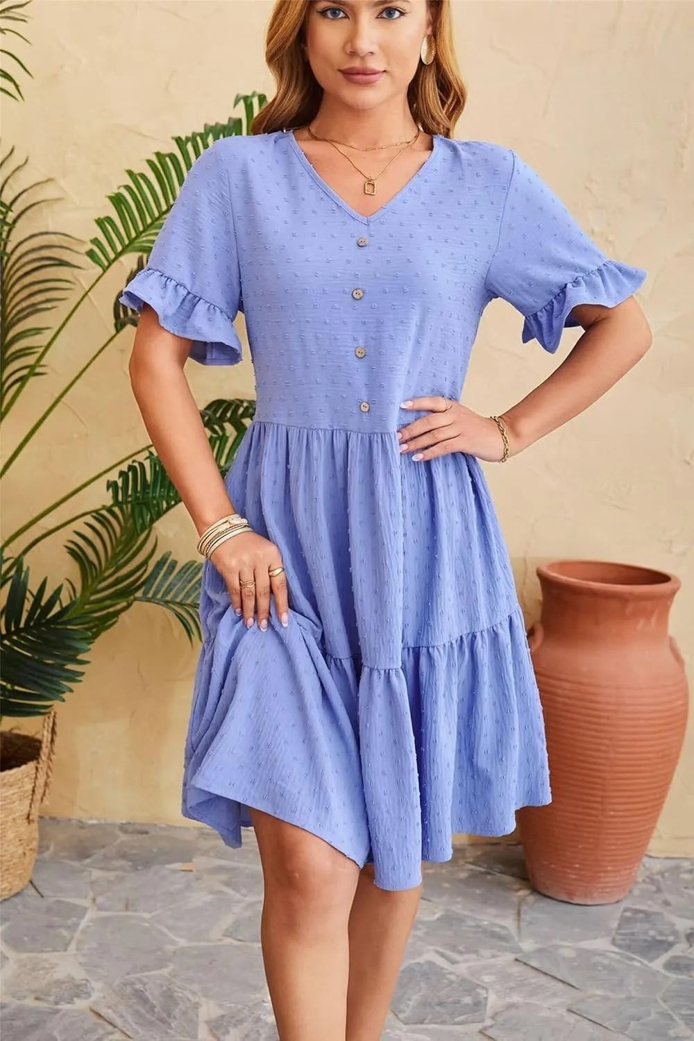 Women's Casual Dress Summer Short Sleeve Swing Dresses Button Down Smocked Waist Ruffle Tiered Mini Dress