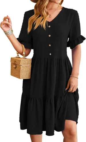 Women's Casual Dress Summer Short Sleeve Swing Dresses Button Down Smocked Waist Ruffle Tiered Mini Dress