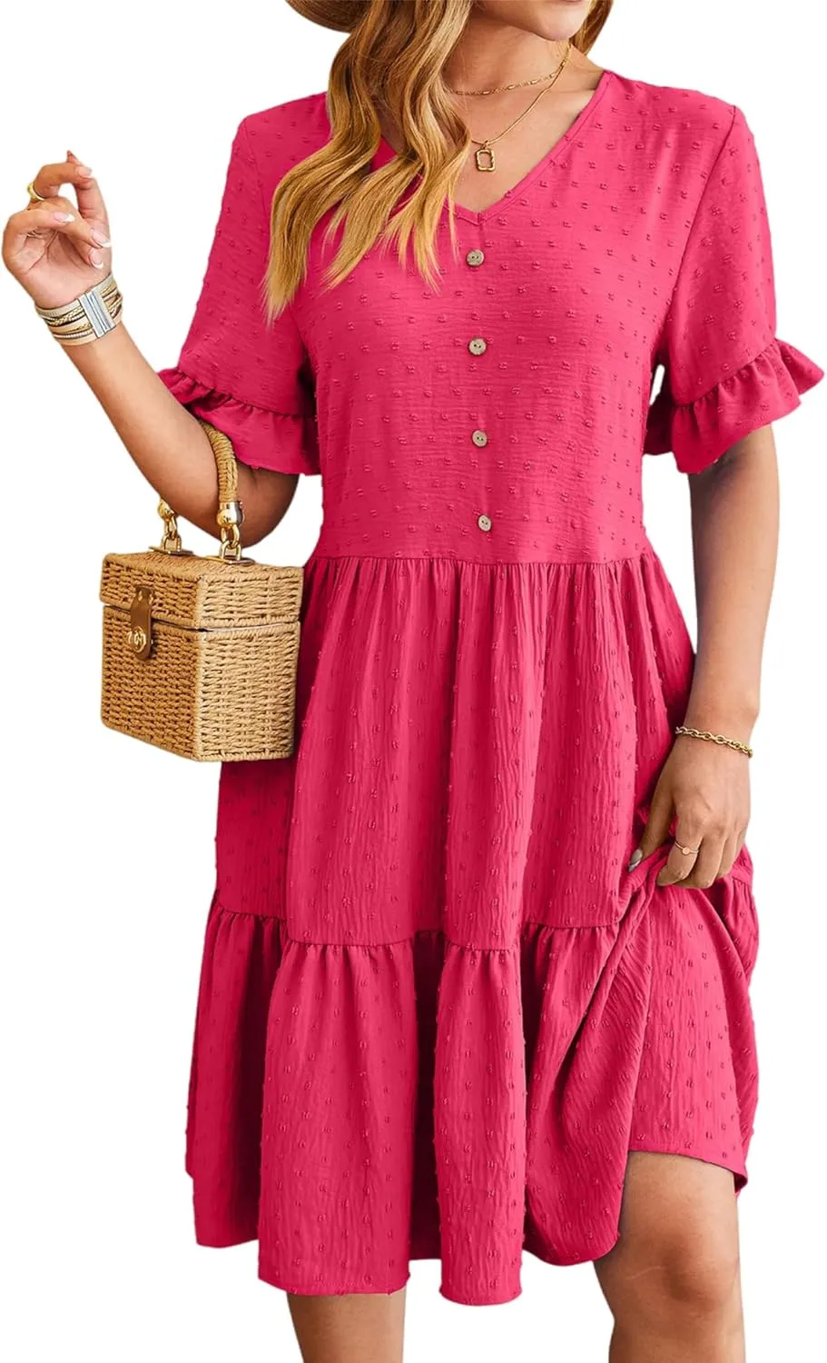 Women's Casual Dress Summer Short Sleeve Swing Dresses Button Down Smocked Waist Ruffle Tiered Mini Dress