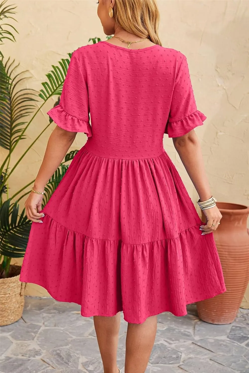 Women's Casual Dress Summer Short Sleeve Swing Dresses Button Down Smocked Waist Ruffle Tiered Mini Dress