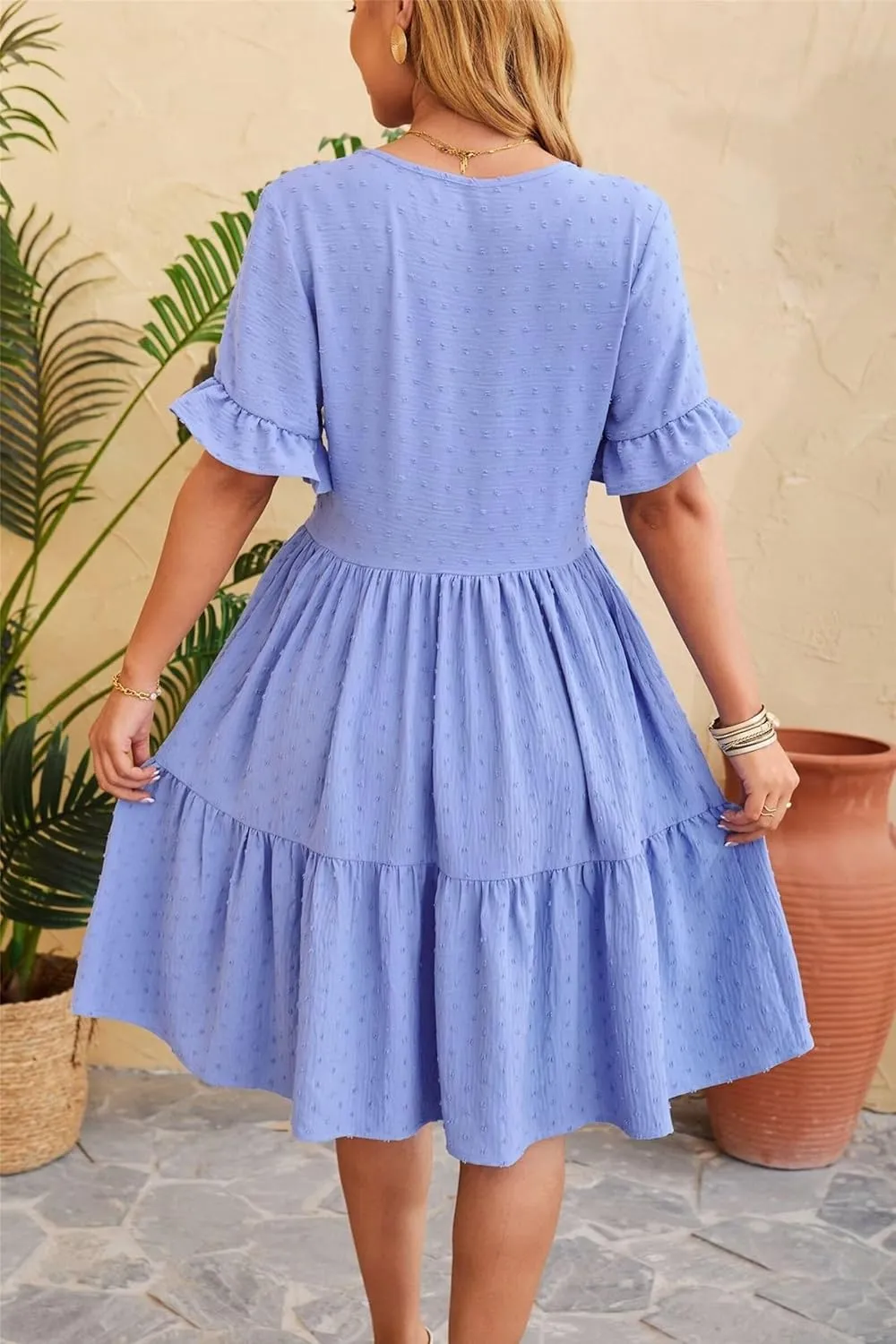 Women's Casual Dress Summer Short Sleeve Swing Dresses Button Down Smocked Waist Ruffle Tiered Mini Dress