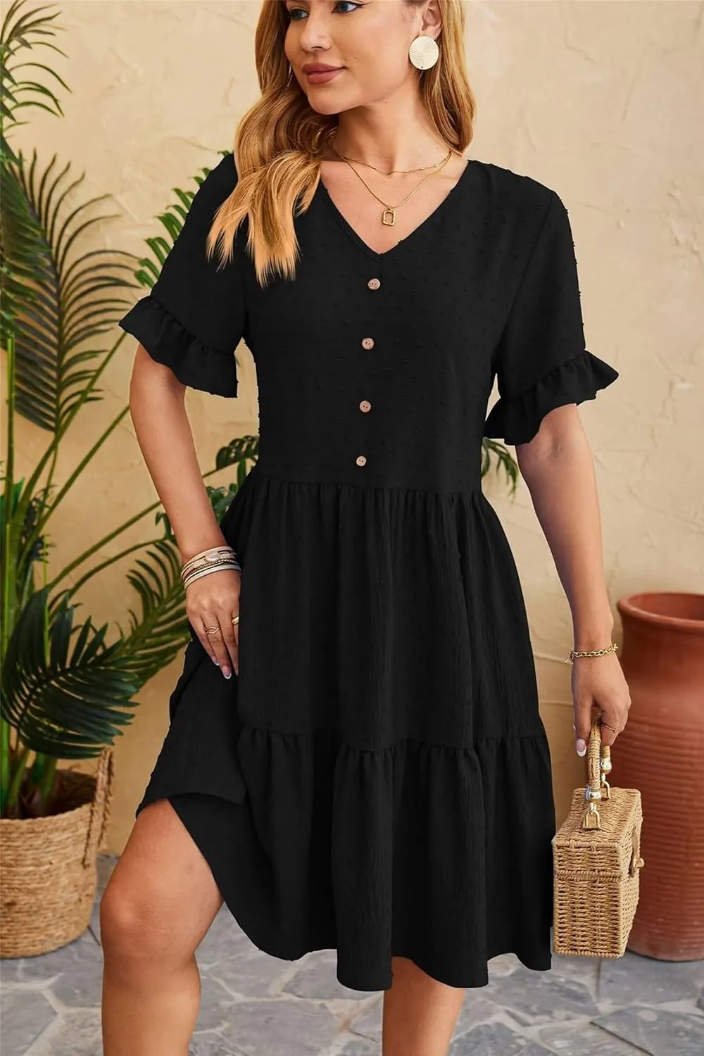 Women's Casual Dress Summer Short Sleeve Swing Dresses Button Down Smocked Waist Ruffle Tiered Mini Dress