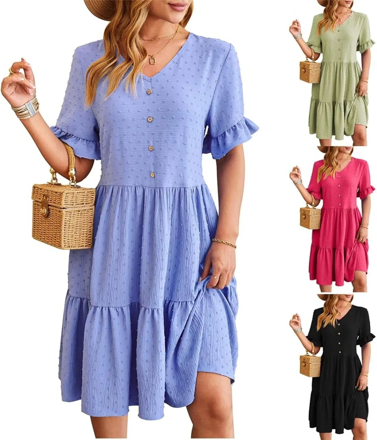 Women's Casual Dress Summer Short Sleeve Swing Dresses Button Down Smocked Waist Ruffle Tiered Mini Dress