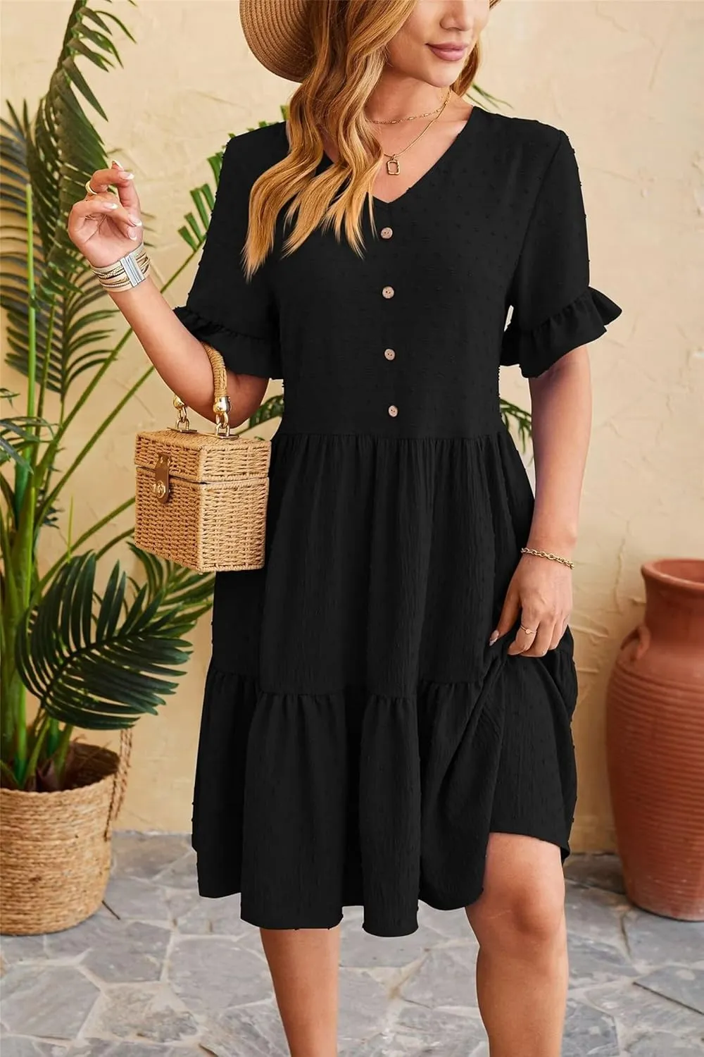 Women's Casual Dress Summer Short Sleeve Swing Dresses Button Down Smocked Waist Ruffle Tiered Mini Dress