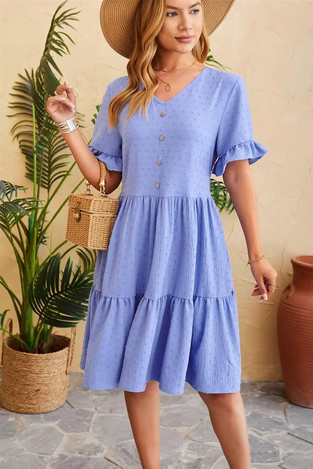 Women's Casual Dress Summer Short Sleeve Swing Dresses Button Down Smocked Waist Ruffle Tiered Mini Dress
