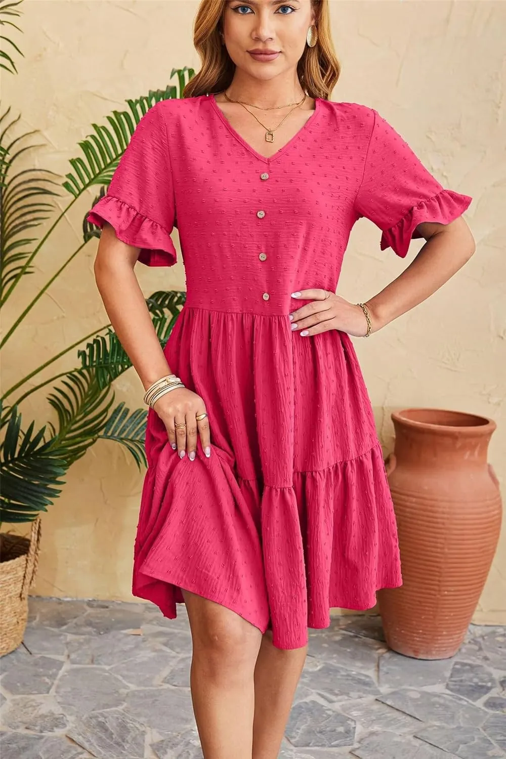 Women's Casual Dress Summer Short Sleeve Swing Dresses Button Down Smocked Waist Ruffle Tiered Mini Dress
