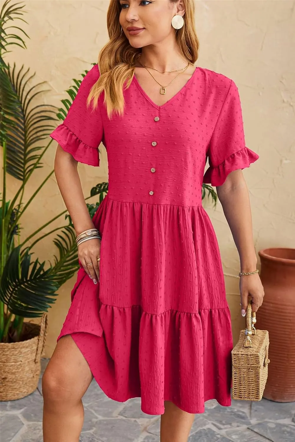 Women's Casual Dress Summer Short Sleeve Swing Dresses Button Down Smocked Waist Ruffle Tiered Mini Dress