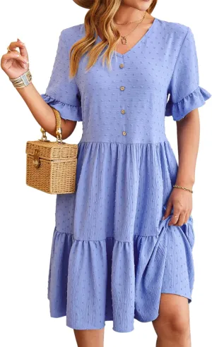 Women's Casual Dress Summer Short Sleeve Swing Dresses Button Down Smocked Waist Ruffle Tiered Mini Dress