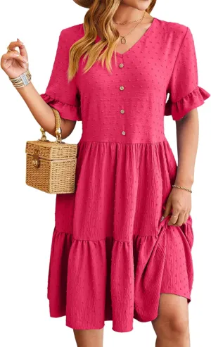 Women's Casual Dress Summer Short Sleeve Swing Dresses Button Down Smocked Waist Ruffle Tiered Mini Dress
