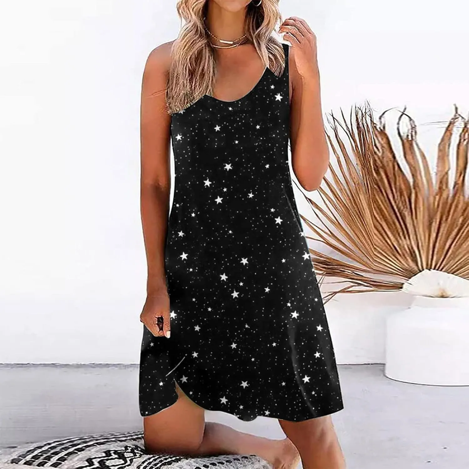 Women's Casual Loose Summer Floral Printed Tank Dress Hollow Out Beach Sundress Sleeveless Boho Maxi Dresses