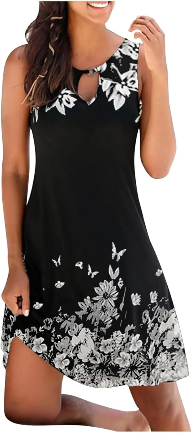 Women's Casual Loose Summer Floral Printed Tank Dress Hollow Out Beach Sundress Sleeveless Boho Maxi Dresses