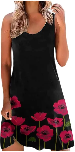 Women's Casual Loose Summer Floral Printed Tank Dress Hollow Out Beach Sundress Sleeveless Boho Maxi Dresses