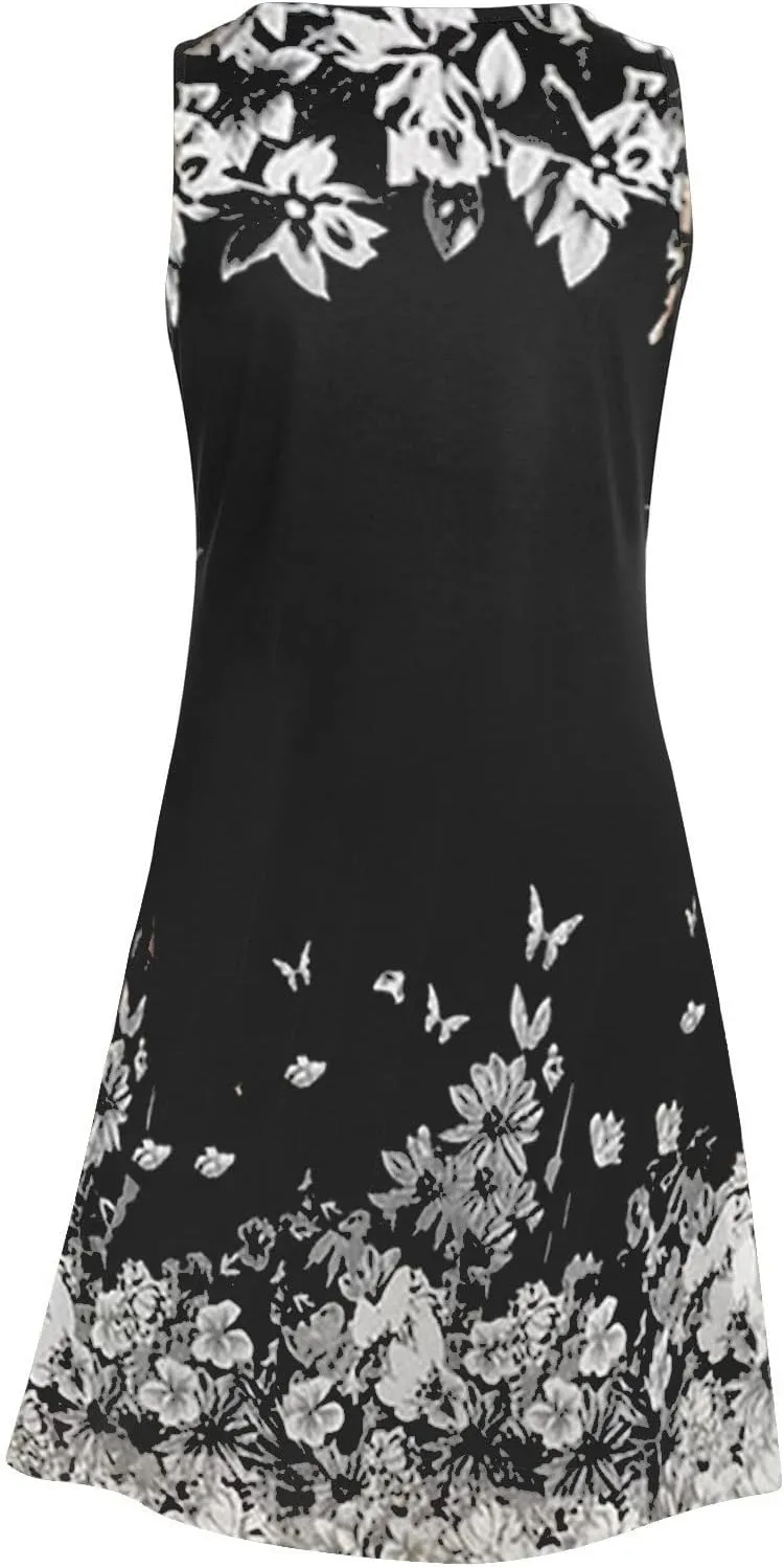 Women's Casual Loose Summer Floral Printed Tank Dress Hollow Out Beach Sundress Sleeveless Boho Maxi Dresses