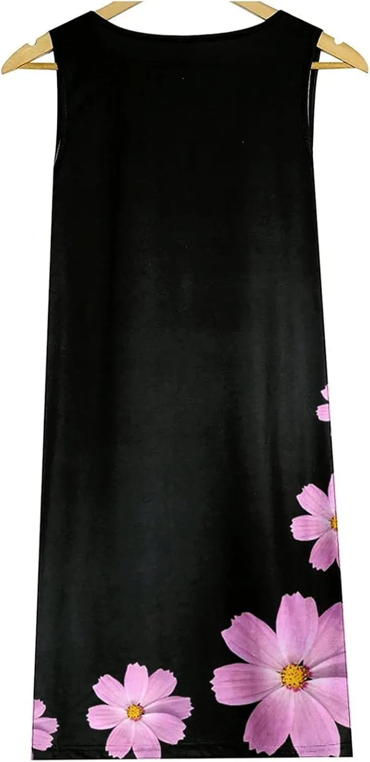 Women's Casual Loose Summer Floral Printed Tank Dress Hollow Out Beach Sundress Sleeveless Boho Maxi Dresses