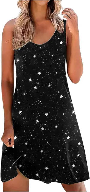 Women's Casual Loose Summer Floral Printed Tank Dress Hollow Out Beach Sundress Sleeveless Boho Maxi Dresses