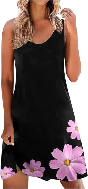 Women's Casual Loose Summer Floral Printed Tank Dress Hollow Out Beach Sundress Sleeveless Boho Maxi Dresses