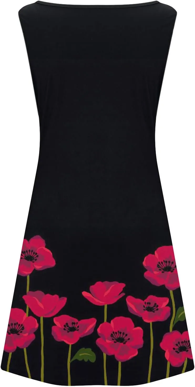 Women's Casual Loose Summer Floral Printed Tank Dress Hollow Out Beach Sundress Sleeveless Boho Maxi Dresses