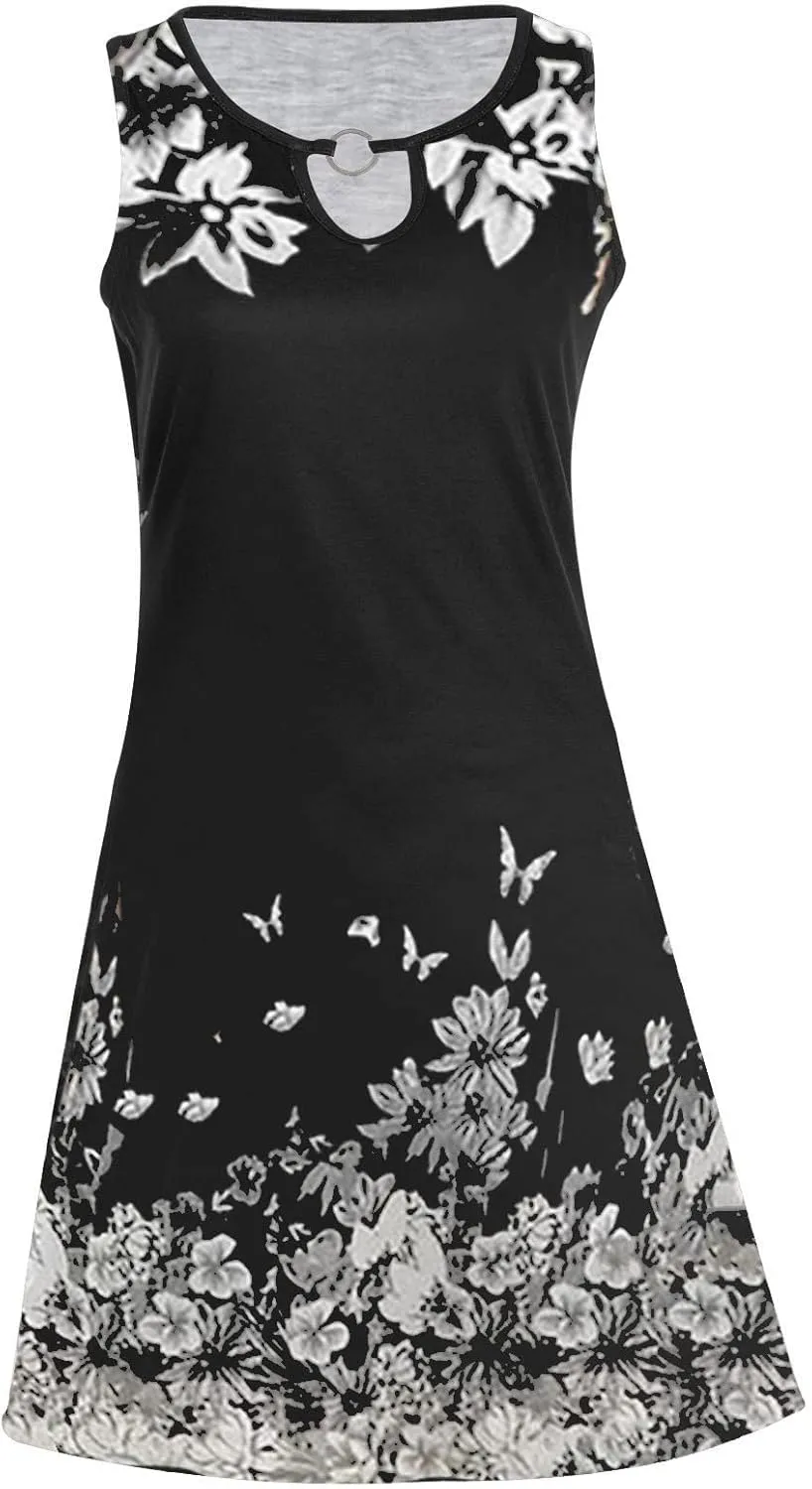Women's Casual Loose Summer Floral Printed Tank Dress Hollow Out Beach Sundress Sleeveless Boho Maxi Dresses