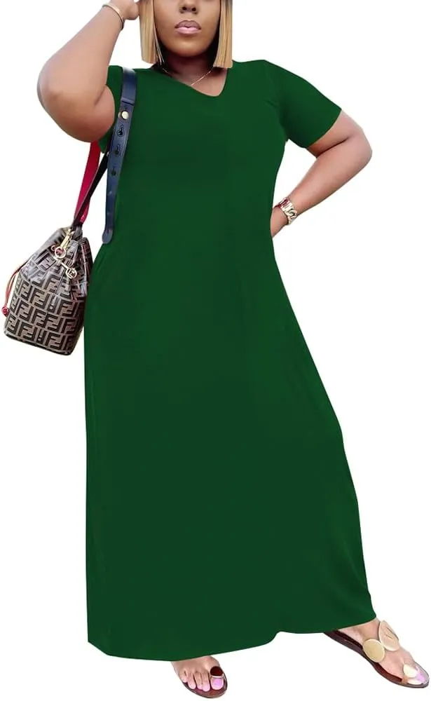 Women's Casual Maxi Dresses Summer Short Sleeve Loose Beach Dress Sundress