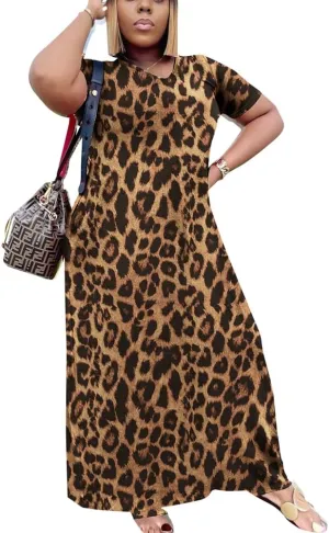 Women's Casual Maxi Dresses Summer Short Sleeve Loose Beach Dress Sundress