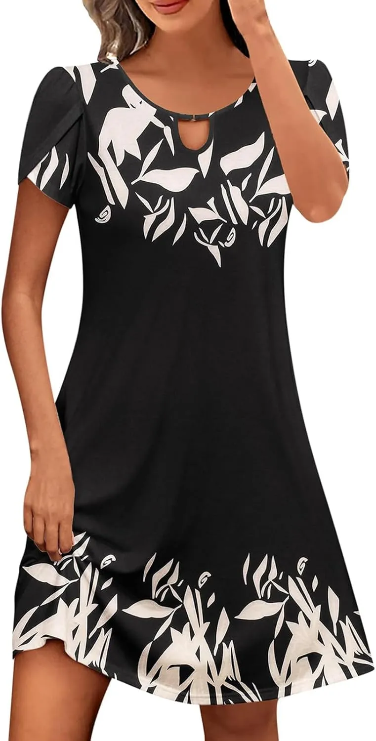 Women's Casual Summer A-Line Dresses Beach Floral Tshirt Dress Short Sleeve Mini Dress Flowy Sundresses