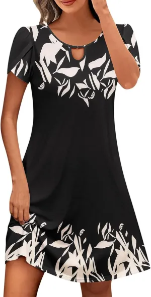 Women's Casual Summer A-Line Dresses Beach Floral Tshirt Dress Short Sleeve Mini Dress Flowy Sundresses