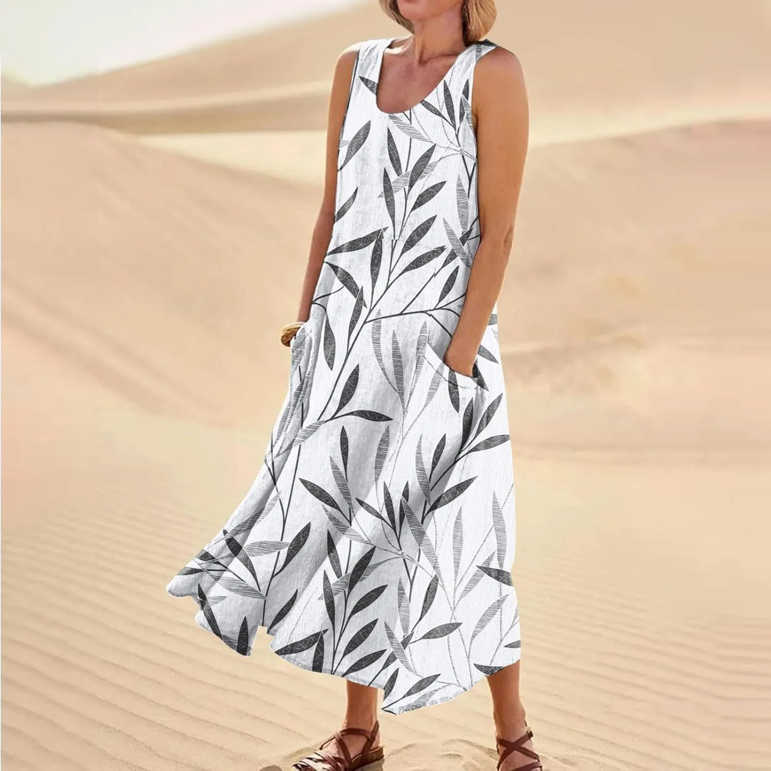 Womens Casual Summer Dresses 2024 Sleeveless Sundress Floral Printed Beach Long Dresses Tank Dress with Pockets