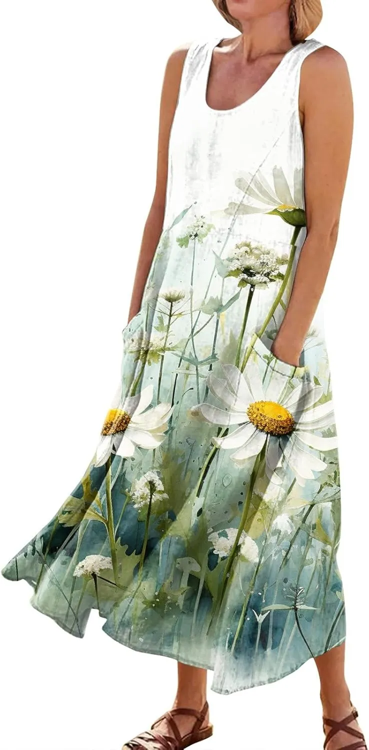 Womens Casual Summer Dresses 2024 Sleeveless Sundress Floral Printed Beach Long Dresses Tank Dress with Pockets