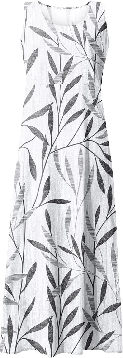 Womens Casual Summer Dresses 2024 Sleeveless Sundress Floral Printed Beach Long Dresses Tank Dress with Pockets