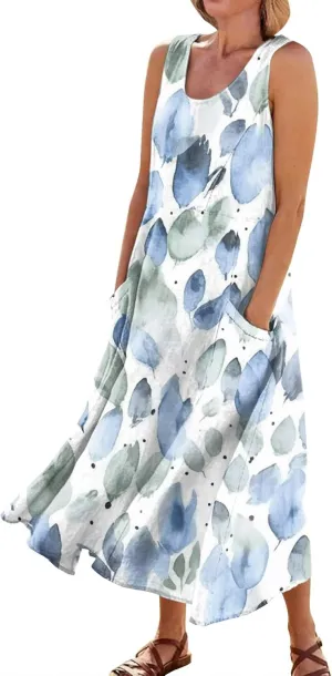 Womens Casual Summer Dresses 2024 Sleeveless Sundress Floral Printed Beach Long Dresses Tank Dress with Pockets
