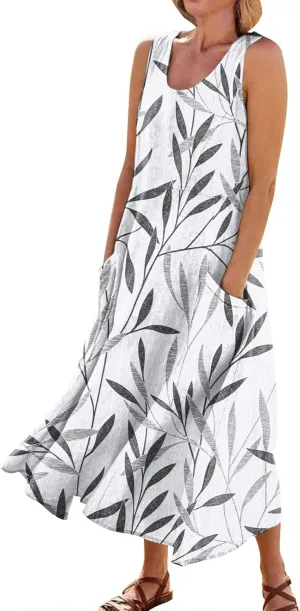 Womens Casual Summer Dresses 2024 Sleeveless Sundress Floral Printed Beach Long Dresses Tank Dress with Pockets