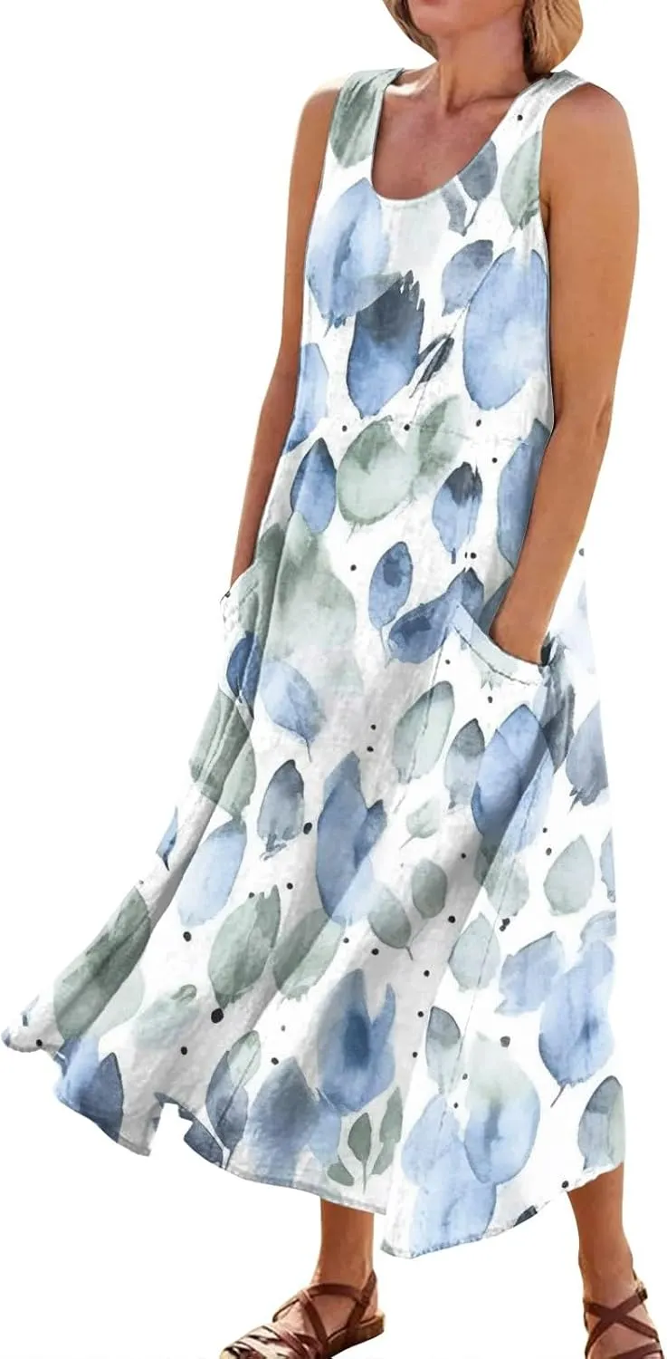 Womens Casual Summer Dresses 2024 Sleeveless Sundress Floral Printed Beach Long Dresses Tank Dress with Pockets