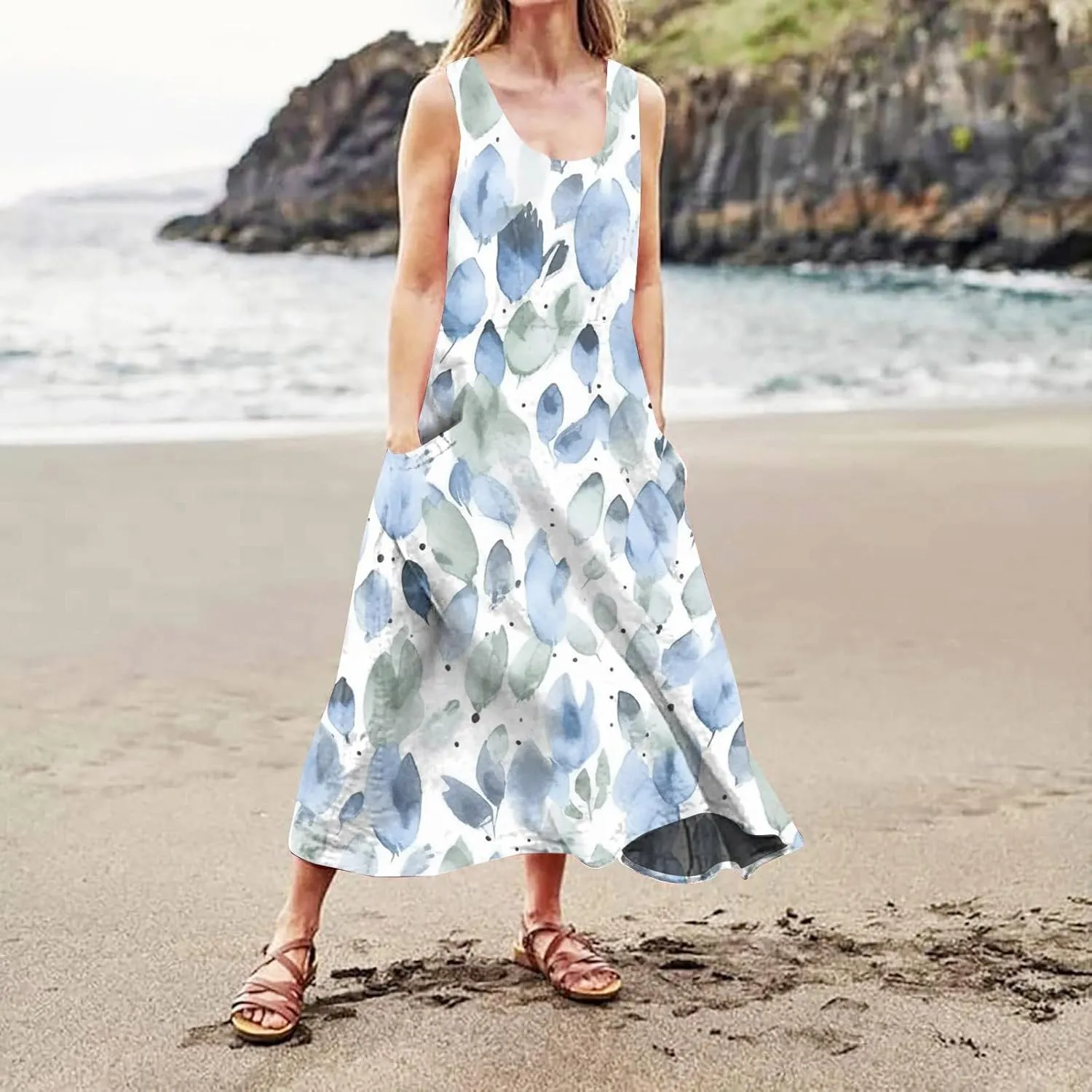 Womens Casual Summer Dresses 2024 Sleeveless Sundress Floral Printed Beach Long Dresses Tank Dress with Pockets