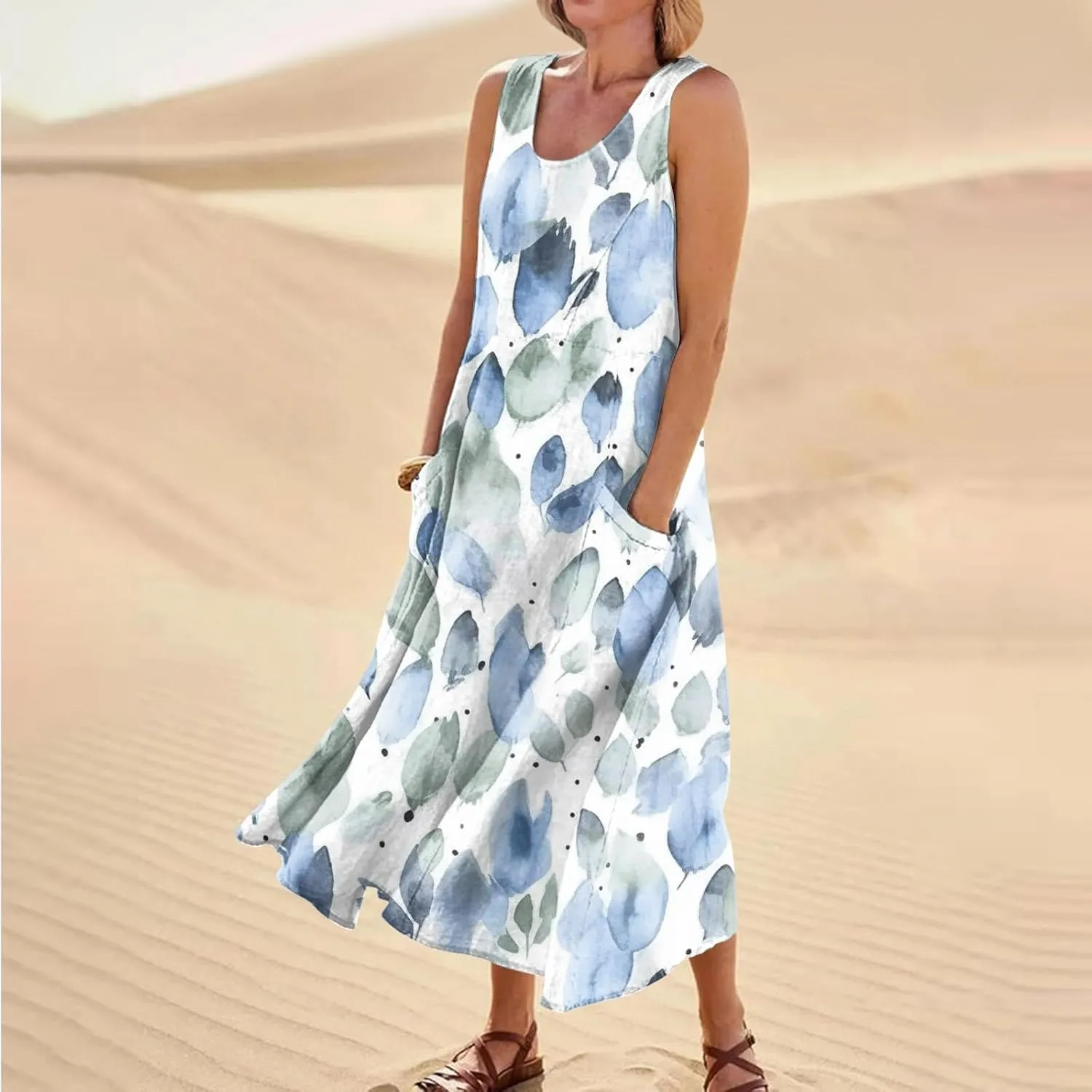 Womens Casual Summer Dresses 2024 Sleeveless Sundress Floral Printed Beach Long Dresses Tank Dress with Pockets