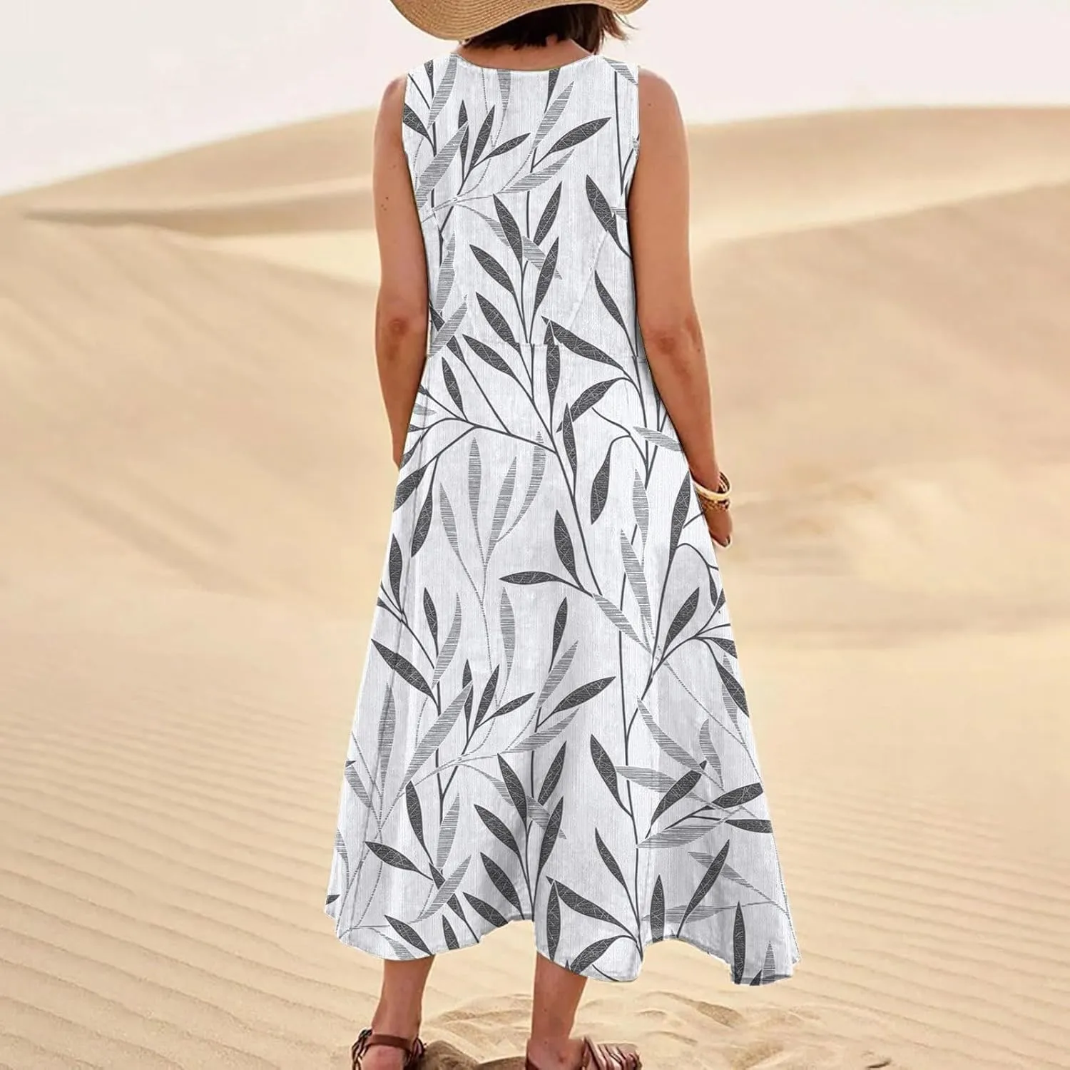 Womens Casual Summer Dresses 2024 Sleeveless Sundress Floral Printed Beach Long Dresses Tank Dress with Pockets