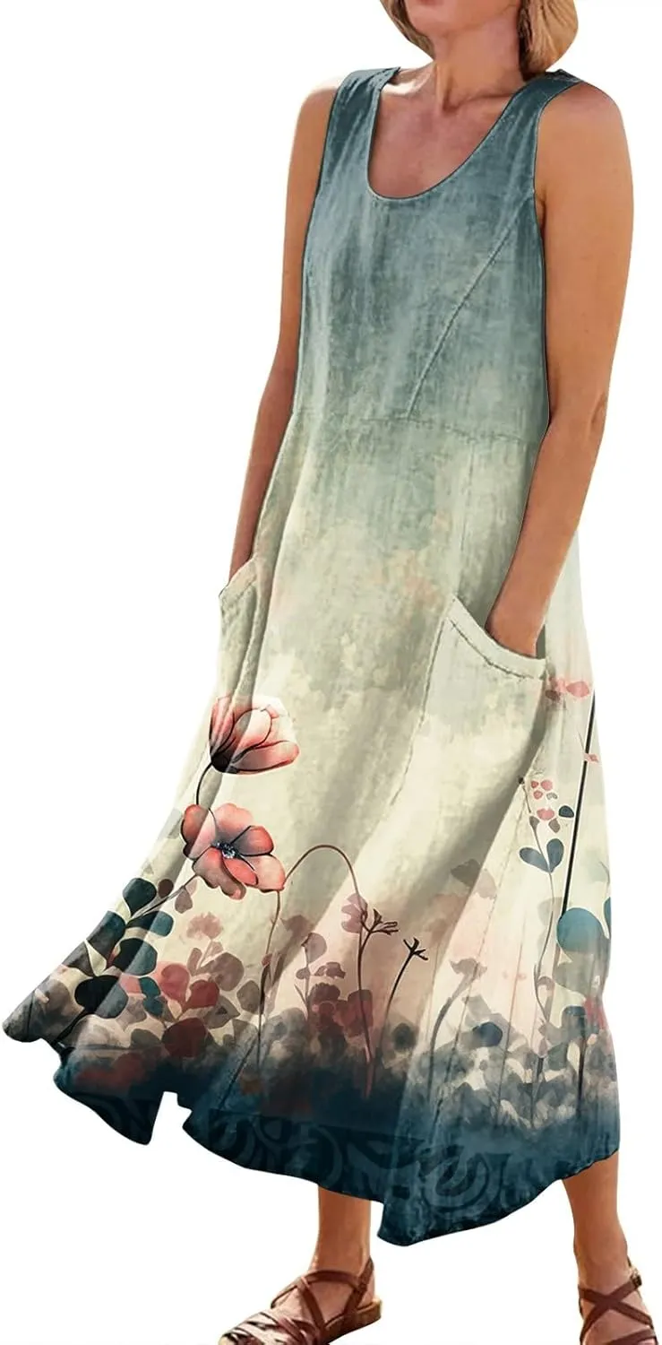 Womens Casual Summer Dresses 2024 Sleeveless Sundress Floral Printed Beach Long Dresses Tank Dress with Pockets