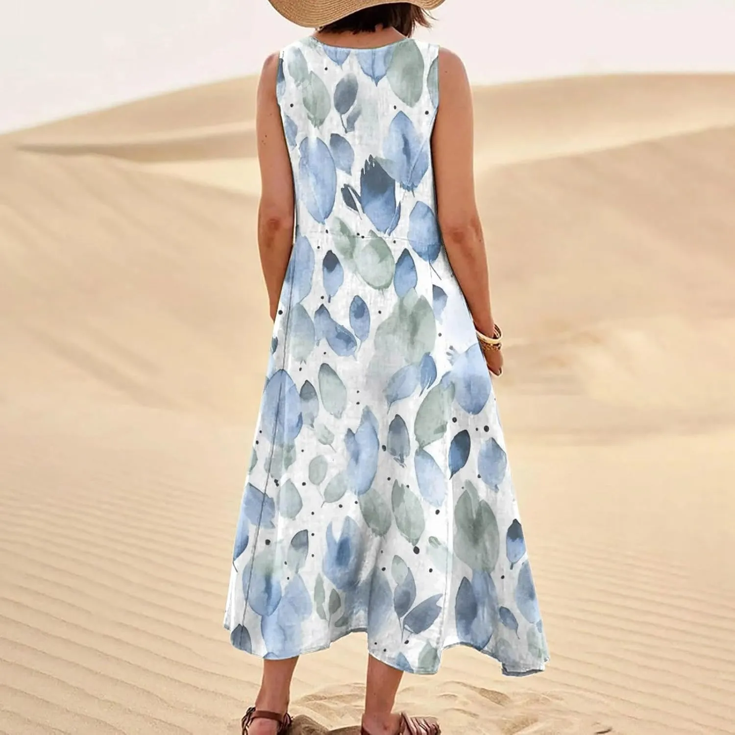 Womens Casual Summer Dresses 2024 Sleeveless Sundress Floral Printed Beach Long Dresses Tank Dress with Pockets