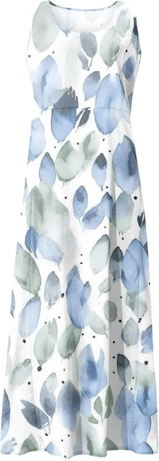 Womens Casual Summer Dresses 2024 Sleeveless Sundress Floral Printed Beach Long Dresses Tank Dress with Pockets